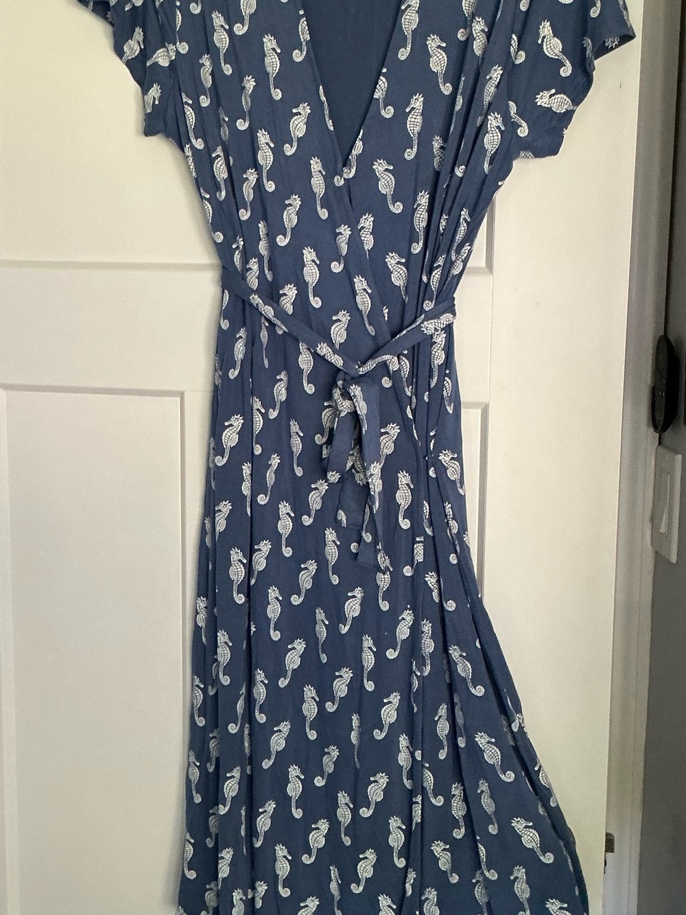Navy Seahorse Print Wrap Dress with Tie Waist